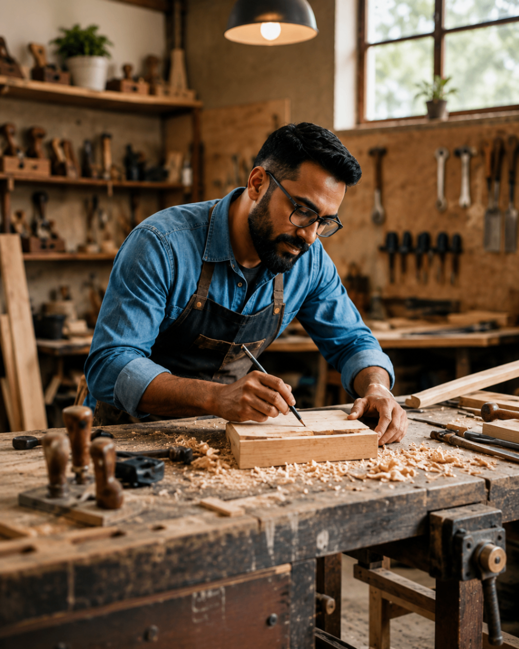 Carpenter and woodworker in a furniture workshop