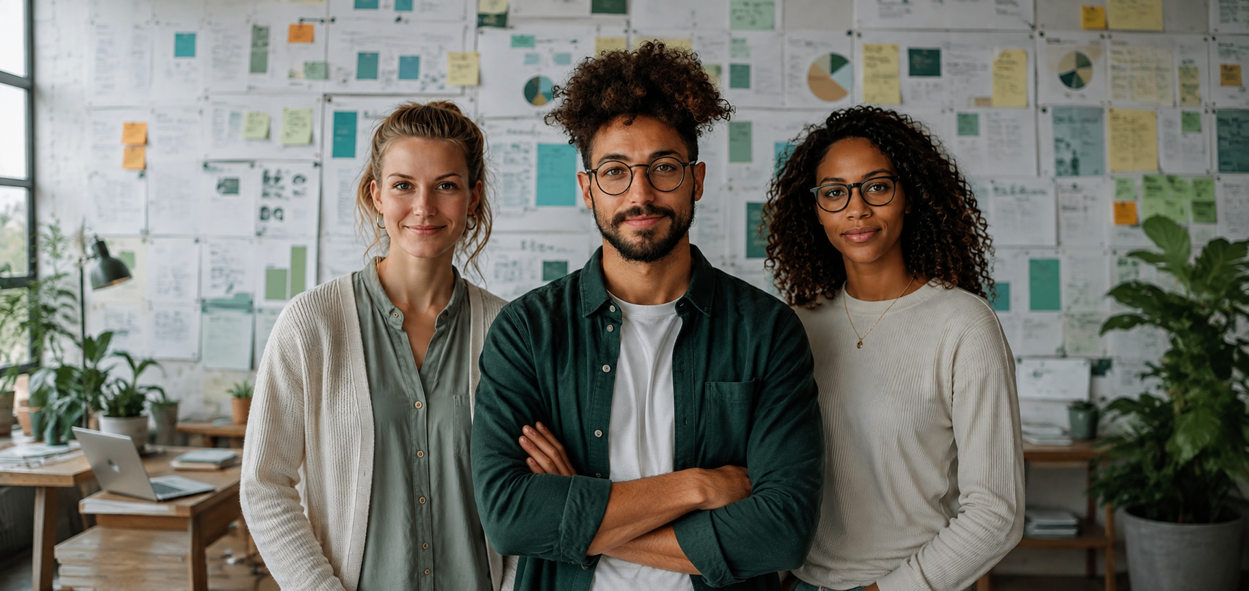 A diverse small-business team standing together in their working studio