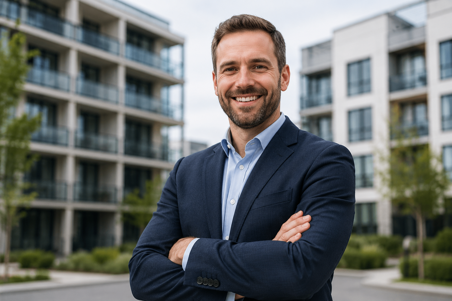 Startup founder outside a modern property development