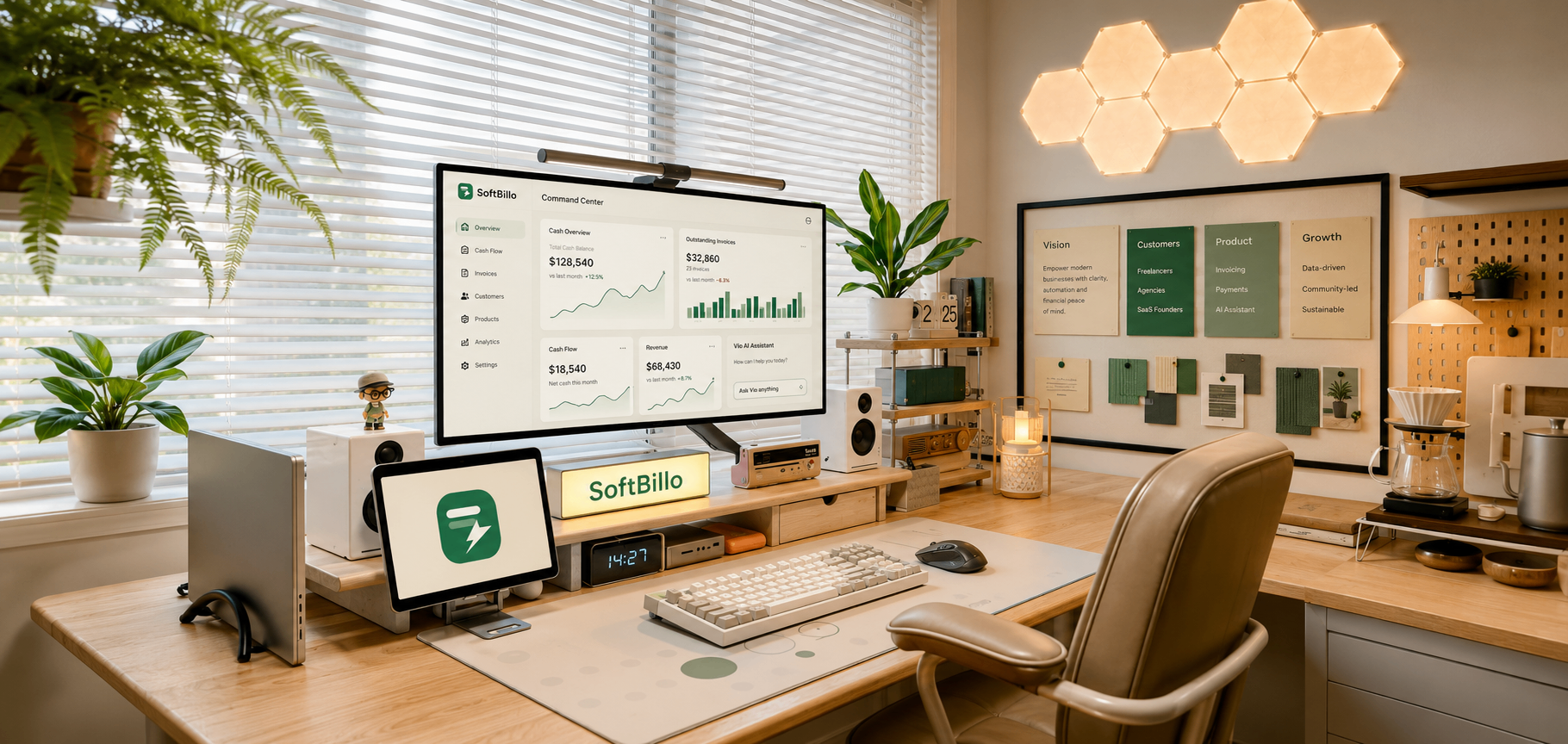 A SoftBillo workspace showing the connected Business OS command centre