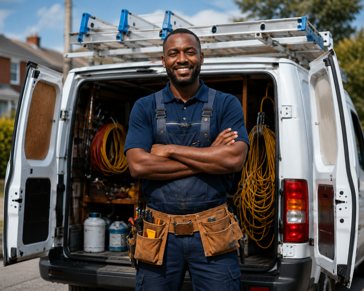 Electrician standing at the back of a work van with tools and cable reels