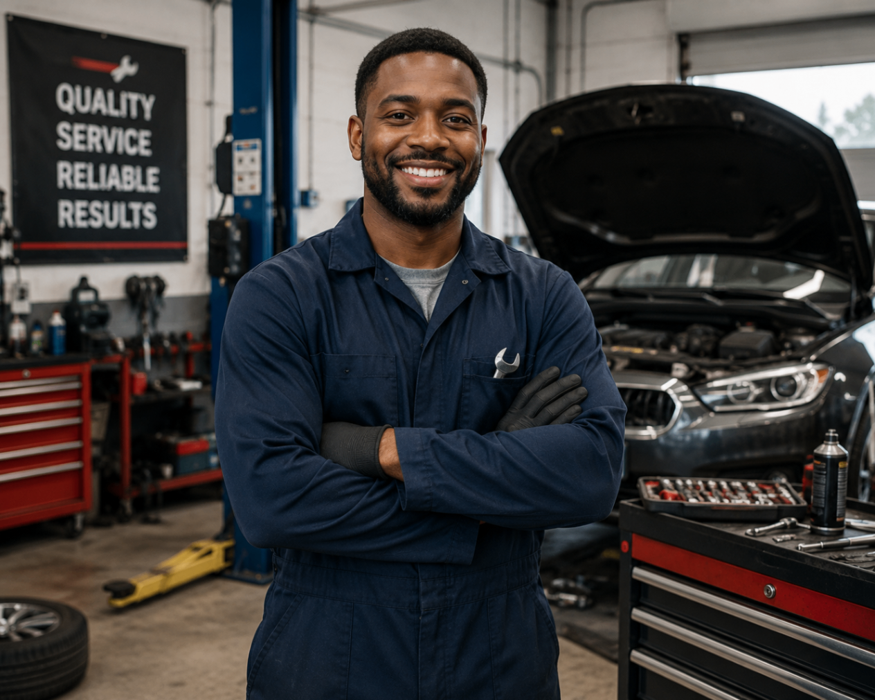 Auto mechanic and car technician in a workshop