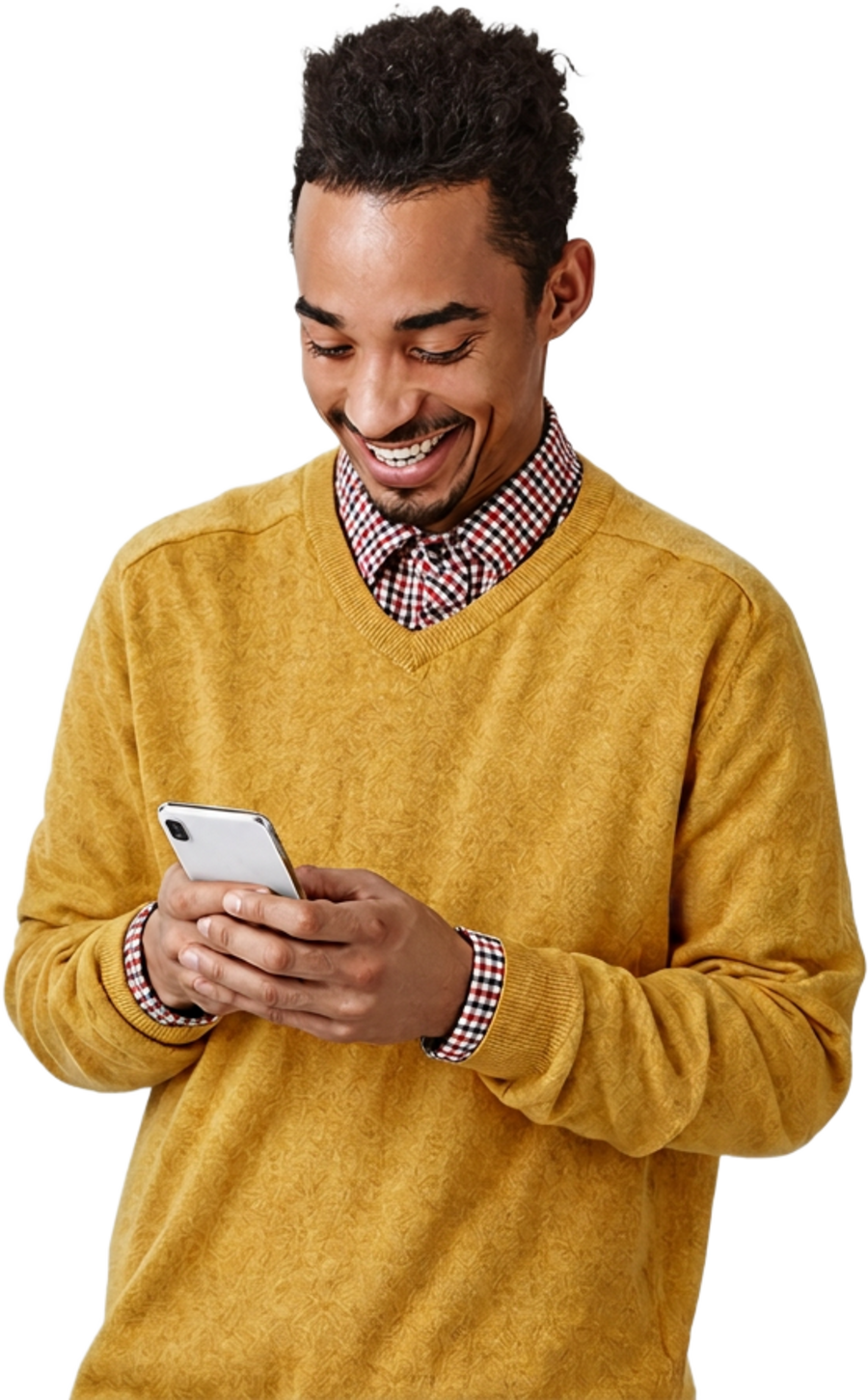 A smiling business owner approving a Vio suggestion on his phone