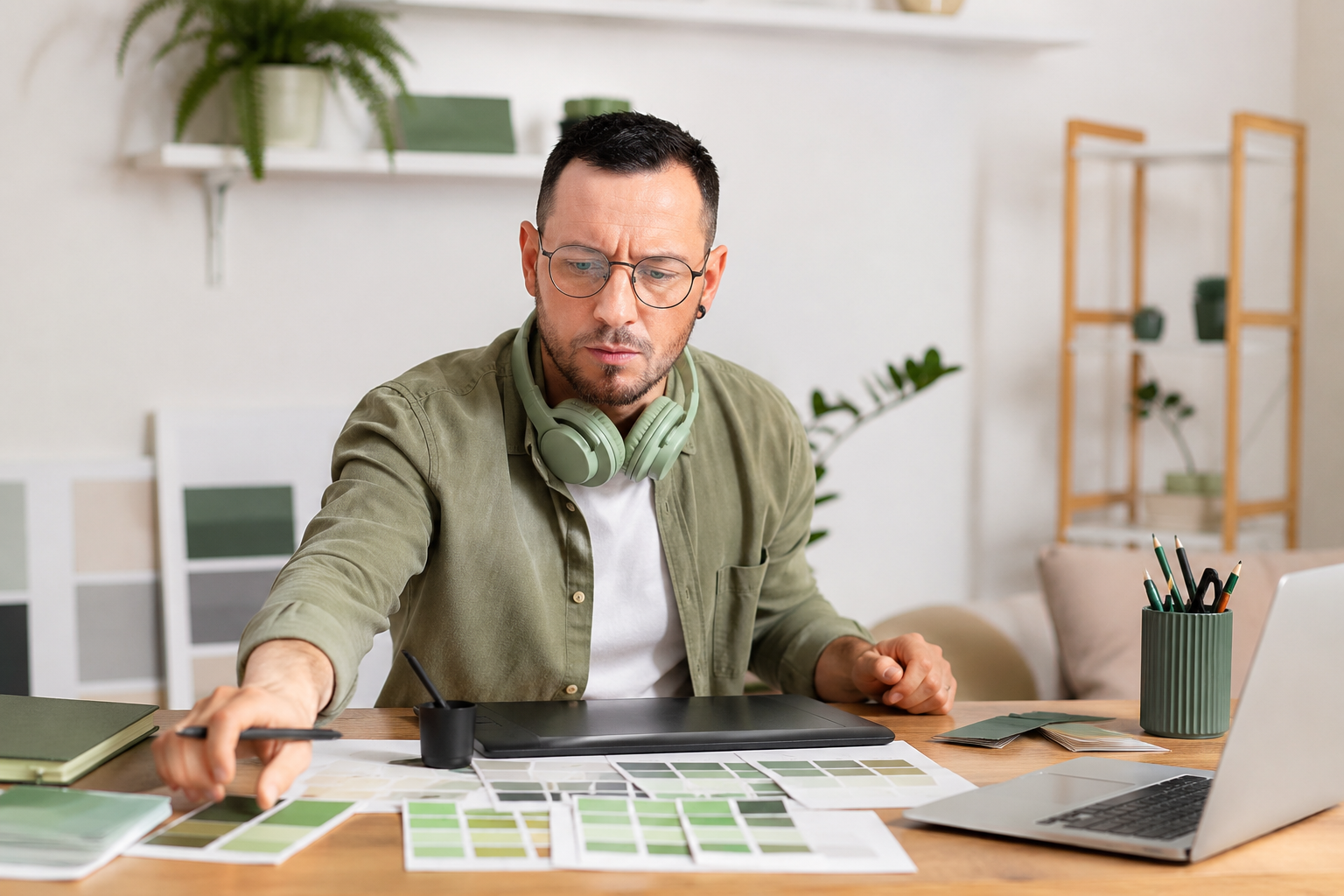Freelance designer working at a desk with a drawing tablet and colour swatches