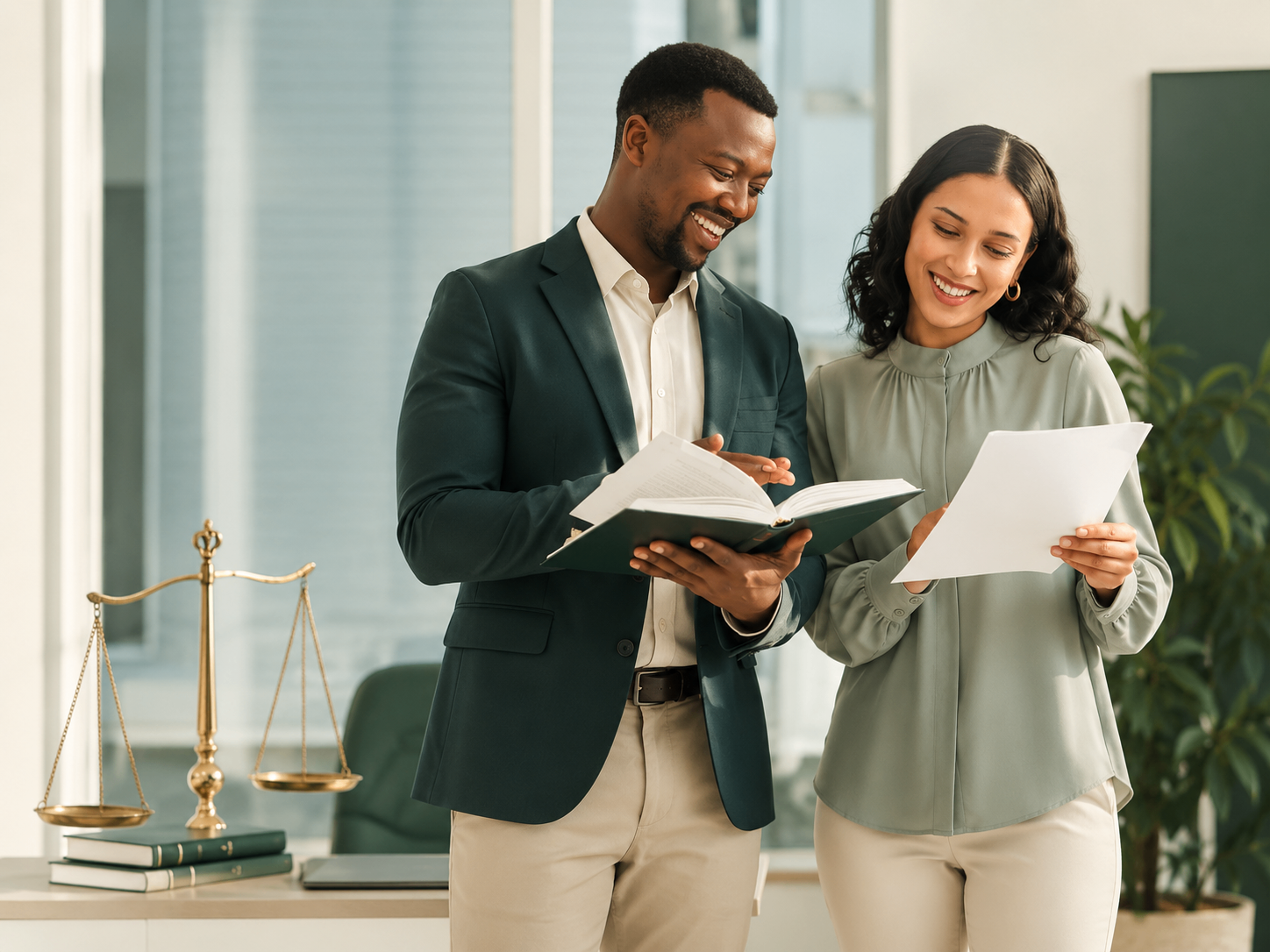 Two professionals going through paperwork together in an office
