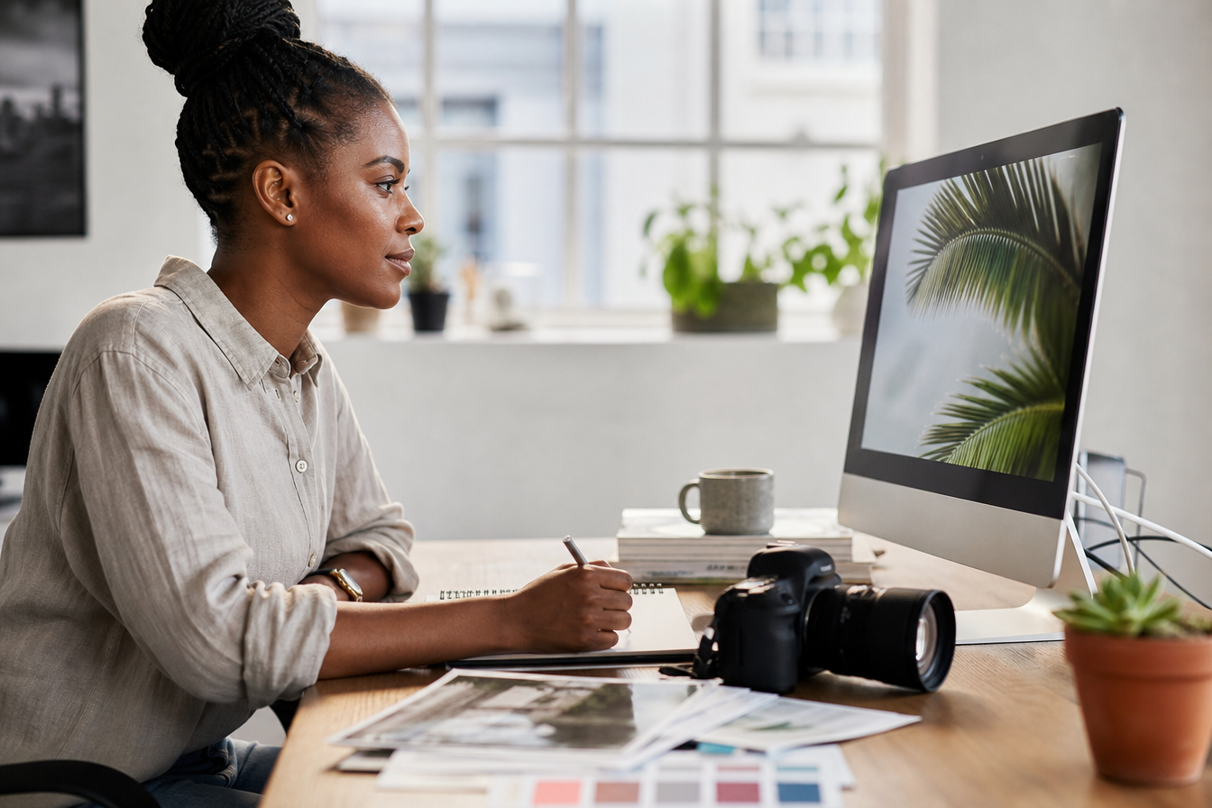 Creative professional reviewing photos at her studio desk with a camera and colour swatches nearby