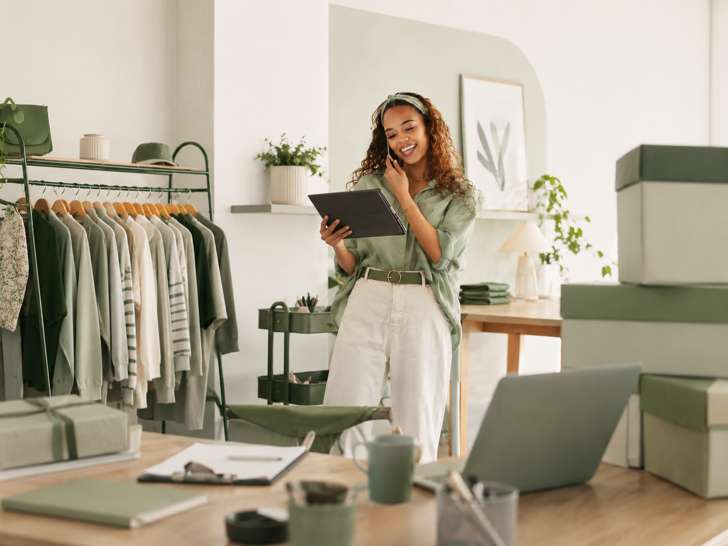 Shop owner taking a booking on the phone while checking her tablet