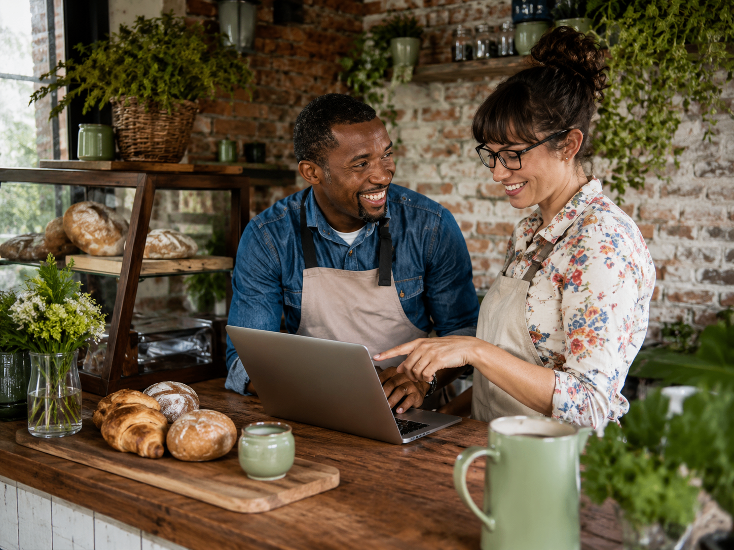 Two bakery owners preparing a customer campaign together on a laptop