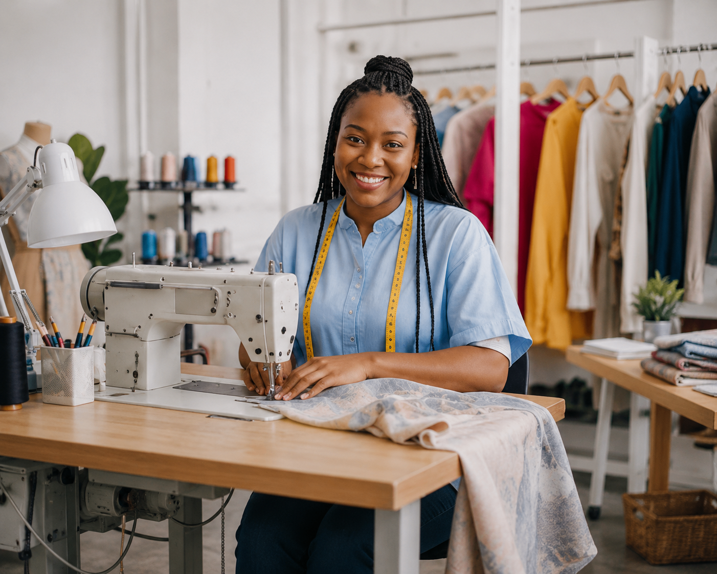 Independent fashion designer working at her sewing machine