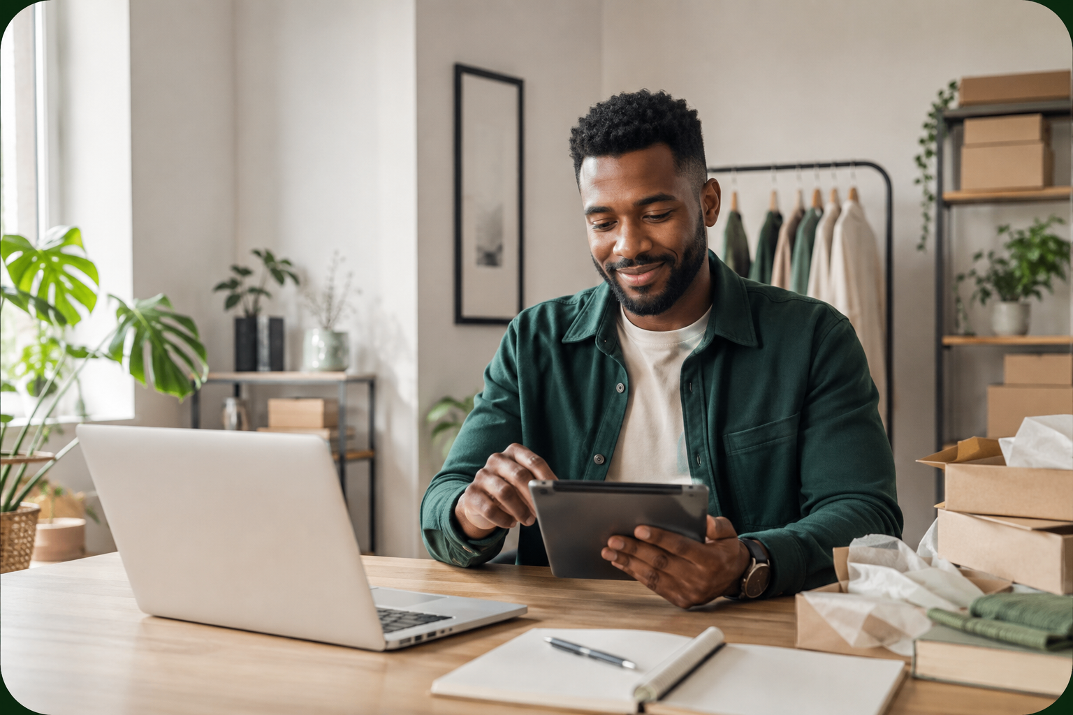 Business owner organising projects on a tablet beside his laptop and customer orders