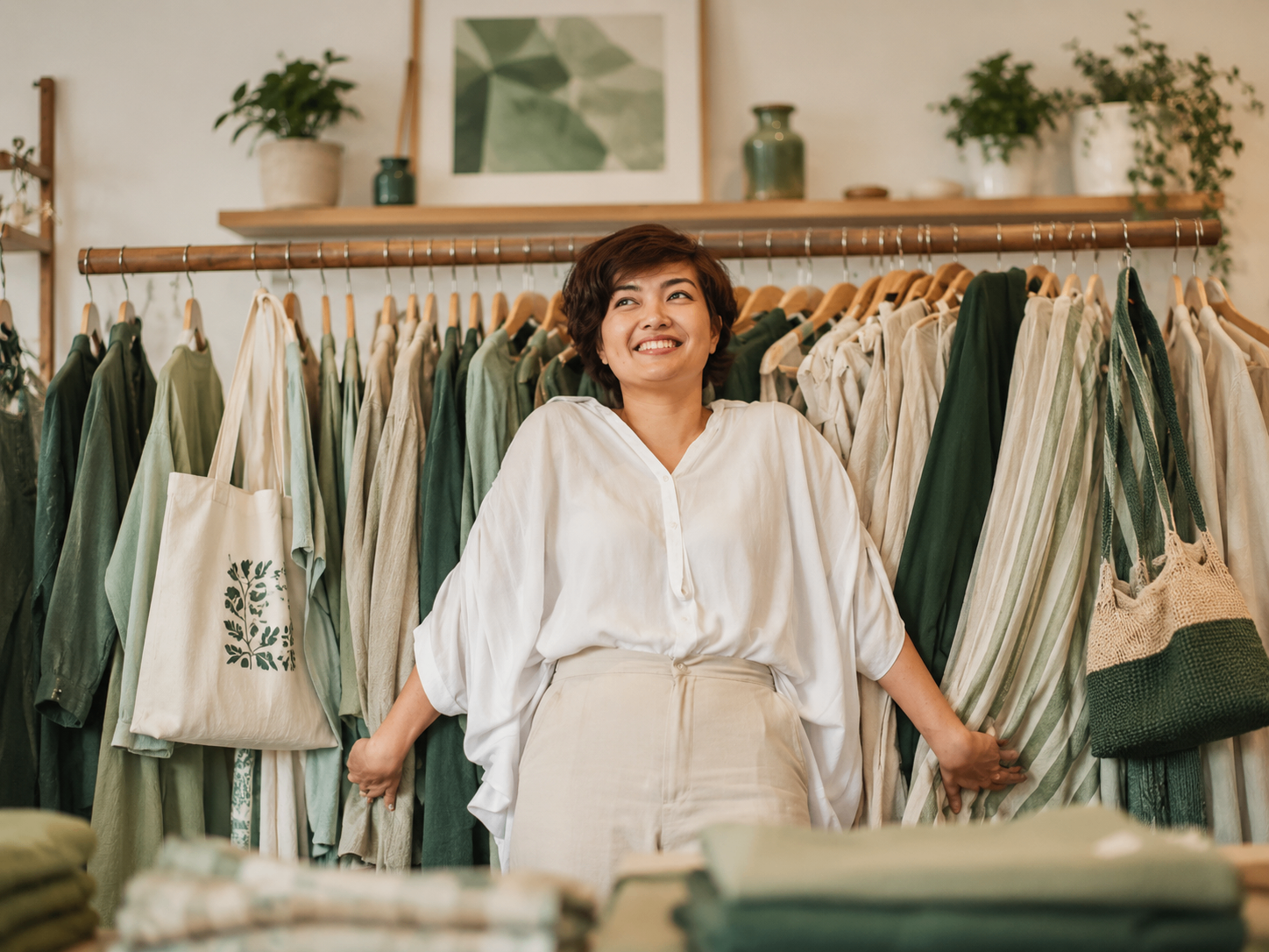 Boutique owner welcoming customers in front of her clothing collection