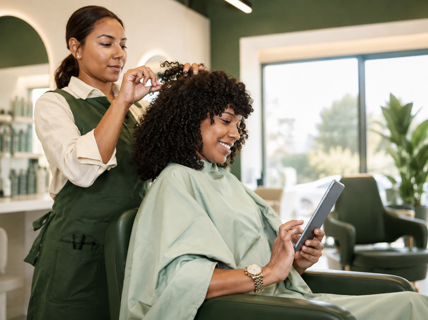 Stylist finishing a client's hair in a salon