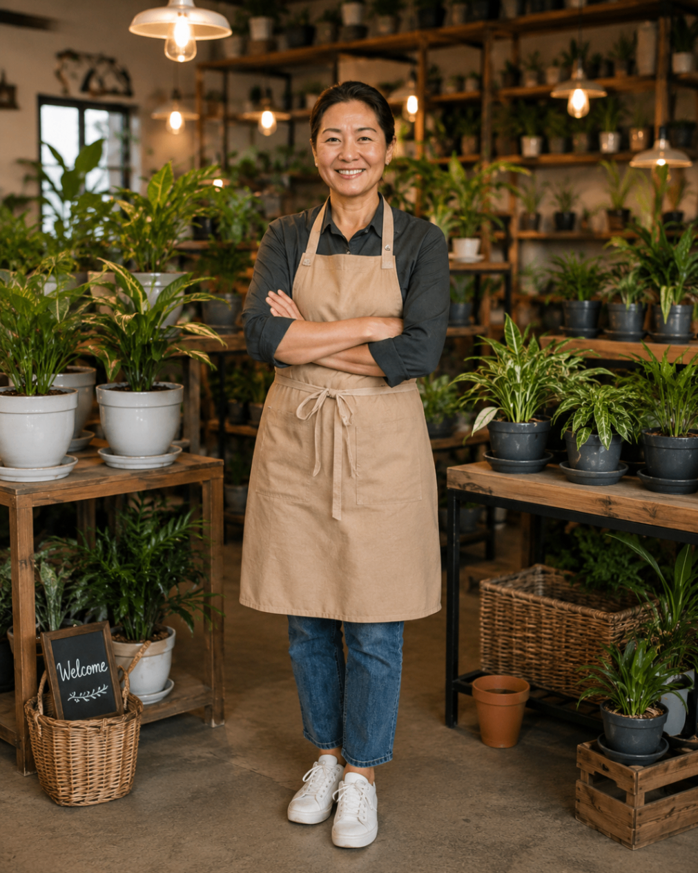 Plant shop owner and florist in a green storefront