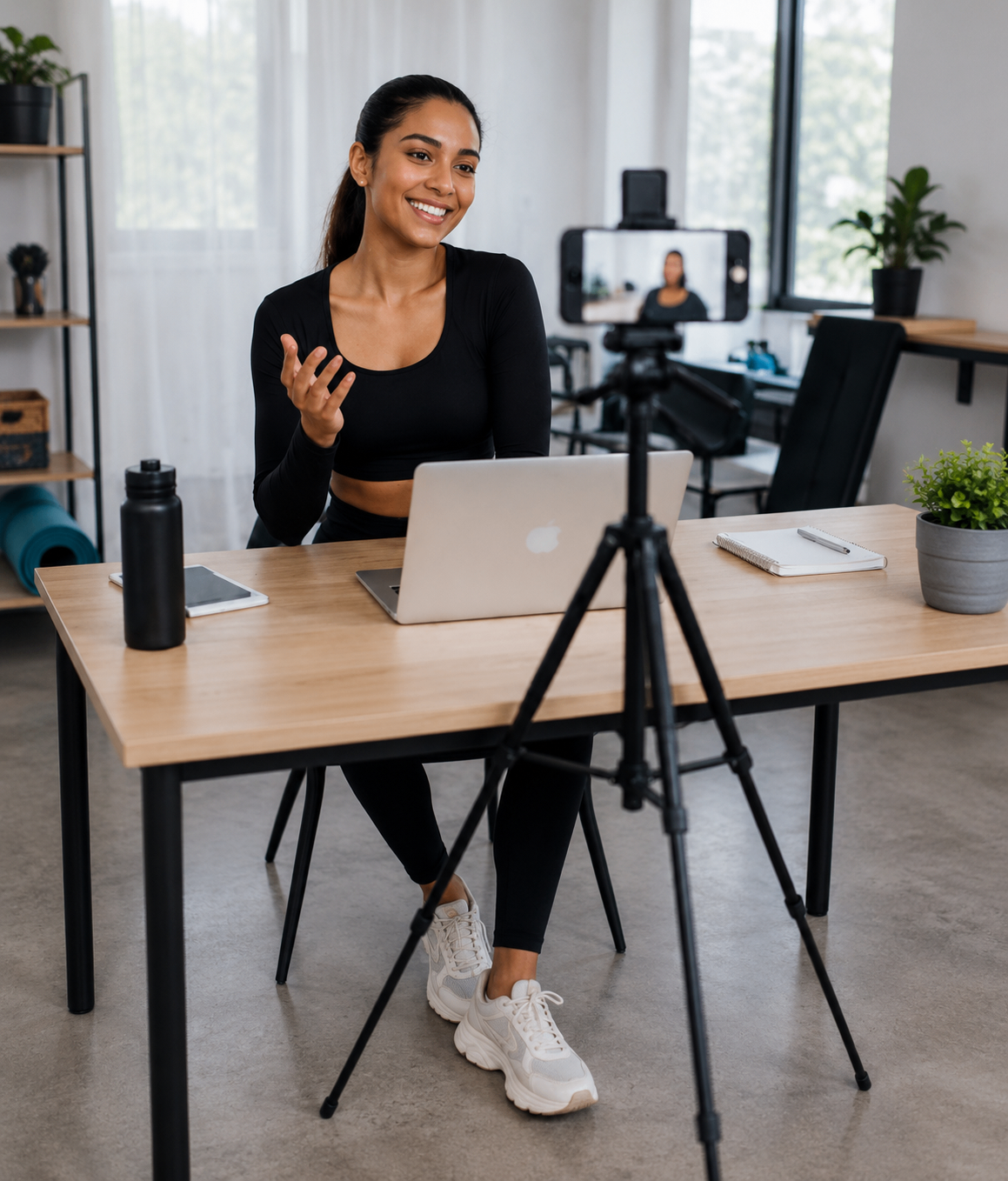 Content creator recording a video beside her laptop