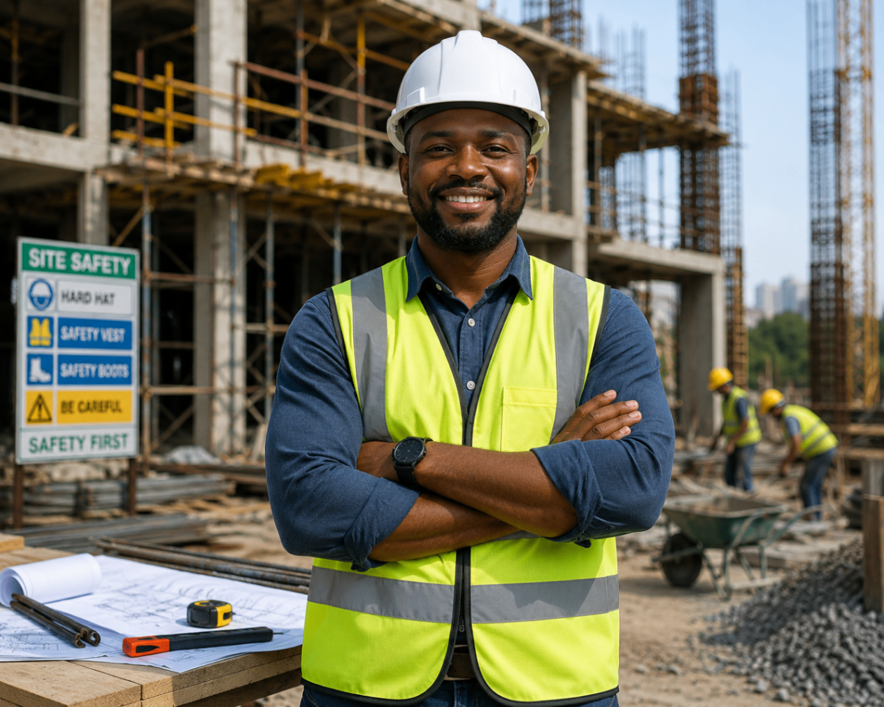 Construction manager and site supervisor wearing safety gear
