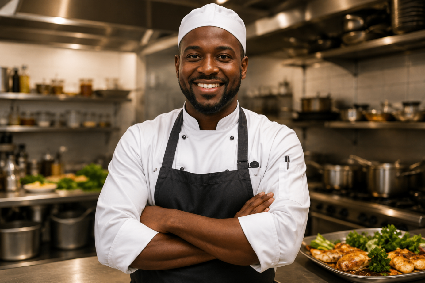 Chef and culinary professional in a commercial kitchen