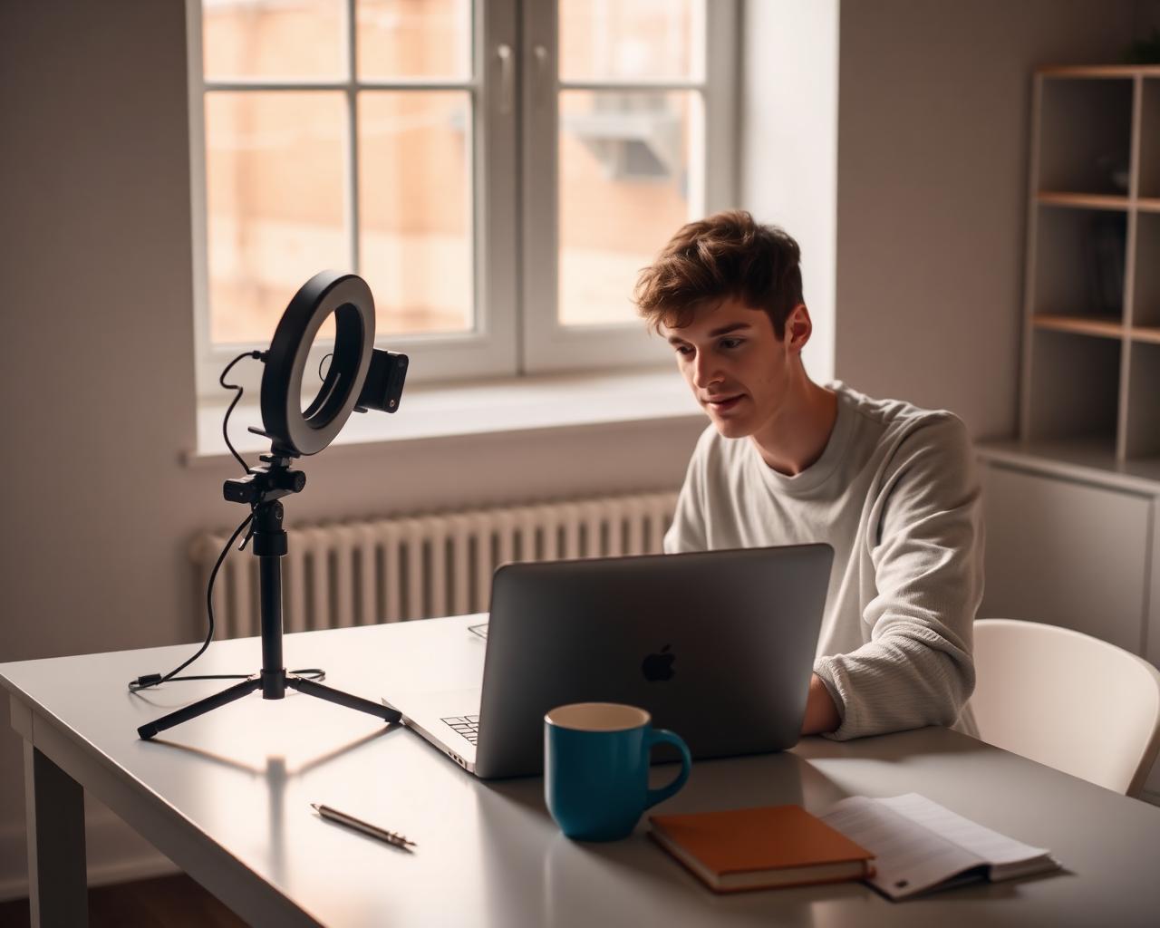 Creator recording content at a bright desk with a laptop