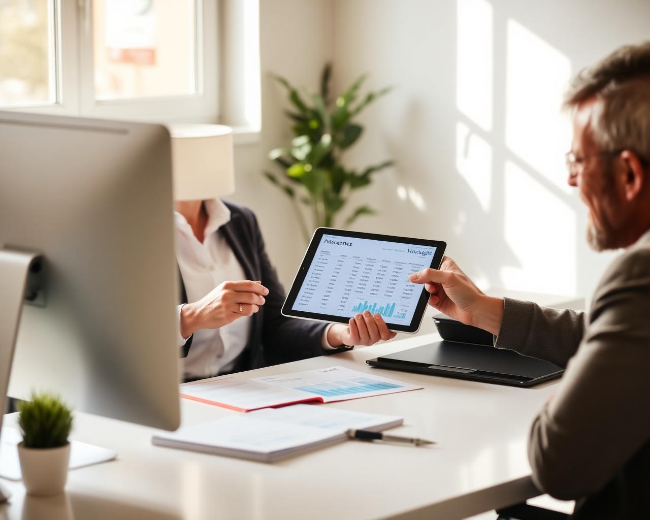 Bookkeeper reviewing numbers on a tablet with a client