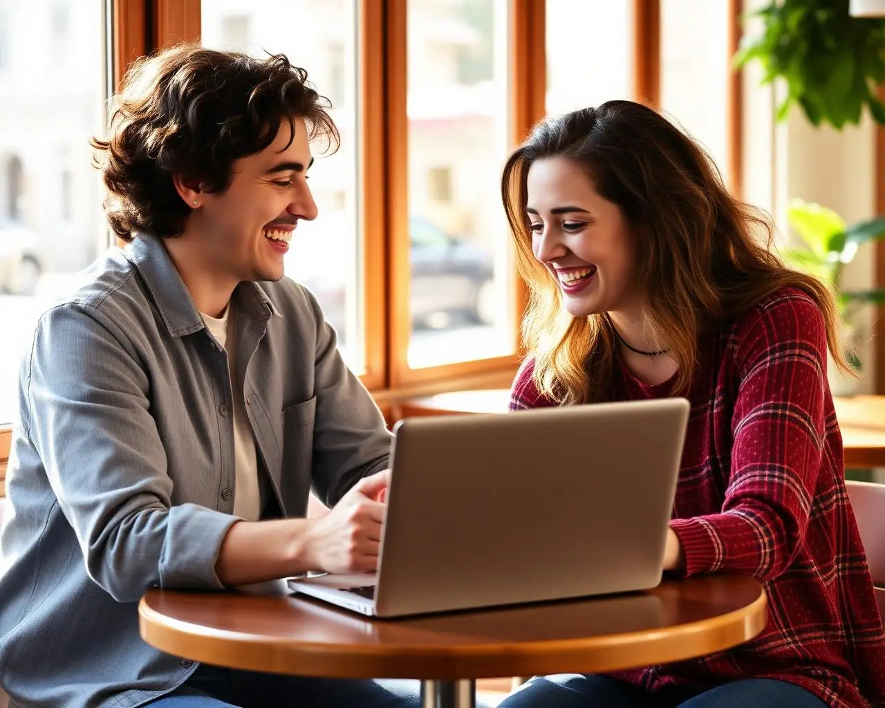 Two business owners sharing a laptop screen