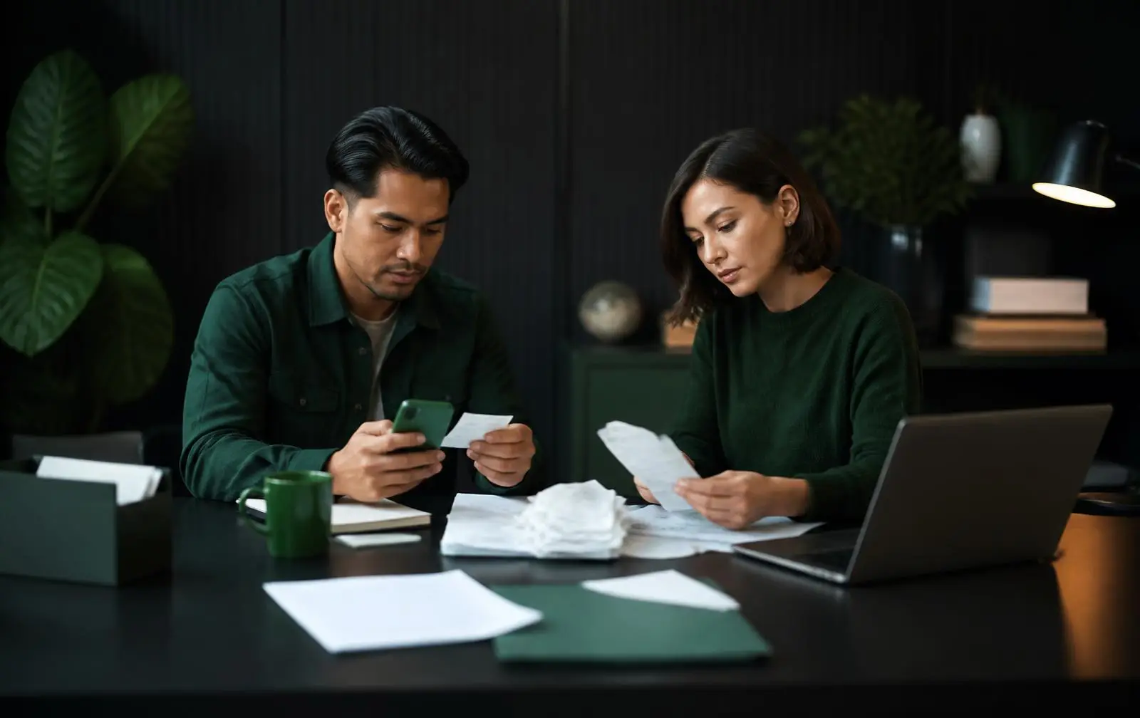 Two colleagues sorting receipts and invoices together