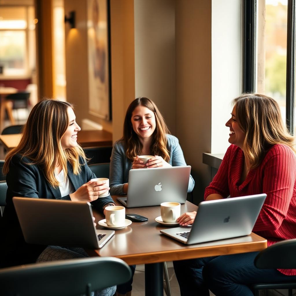 Three freelancers laughing over coffee and laptops in a cafe