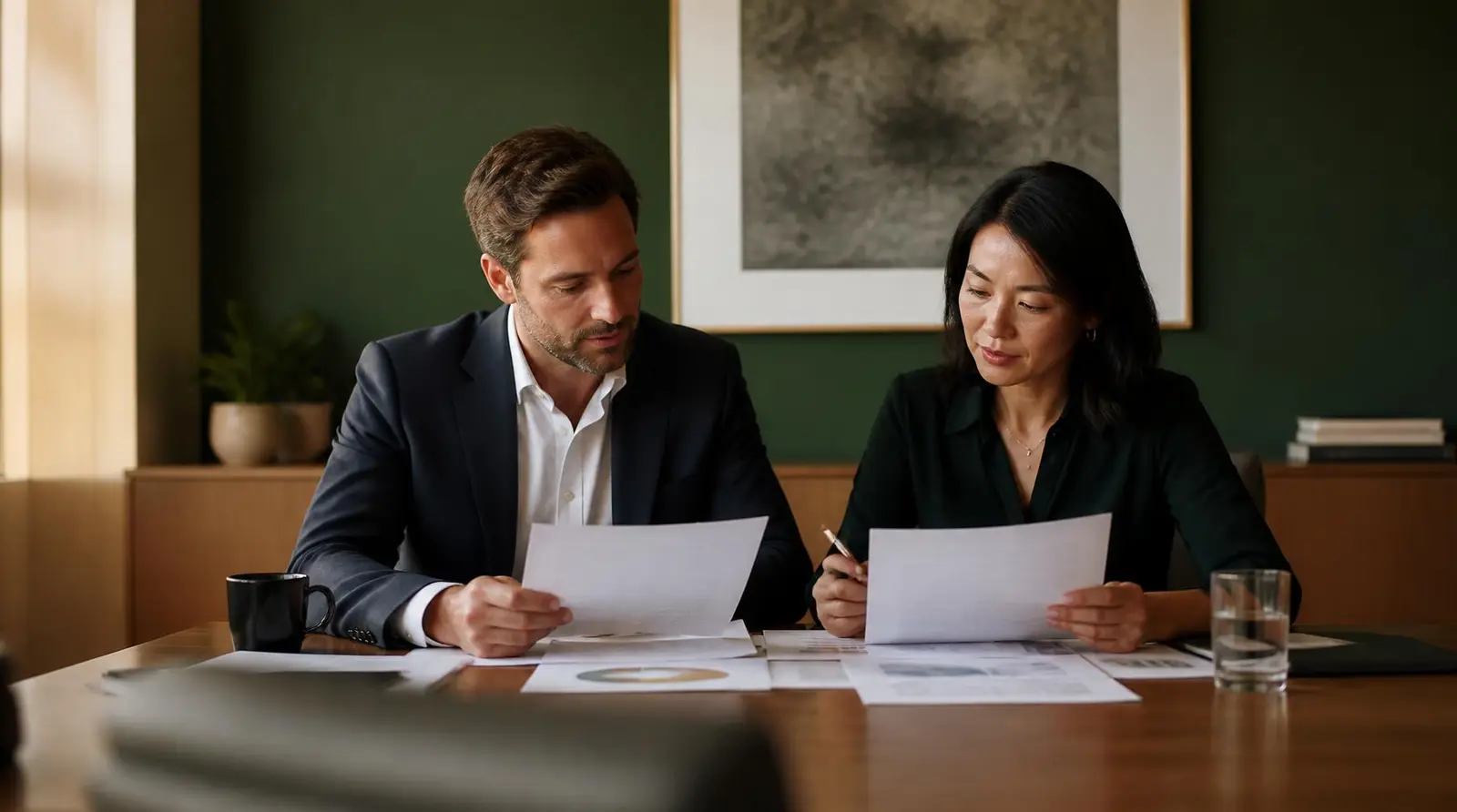 Two people reviewing printed financial records side by side at a table