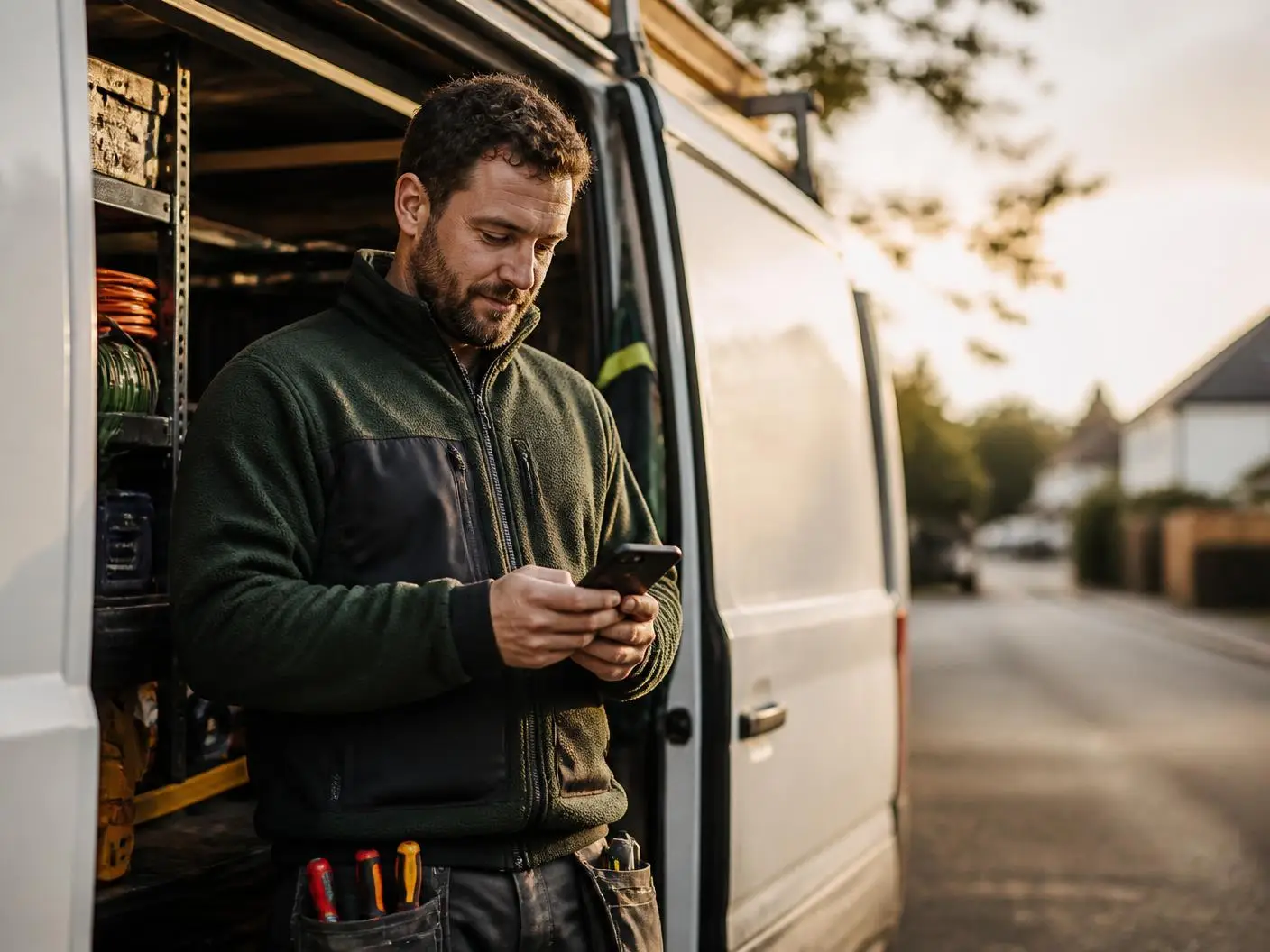 Tradesman using his phone beside a work van
