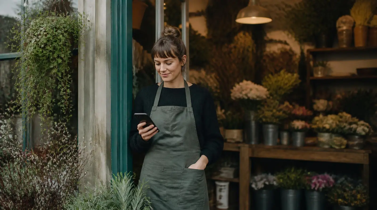 Florist checking her phone between orders in her shop