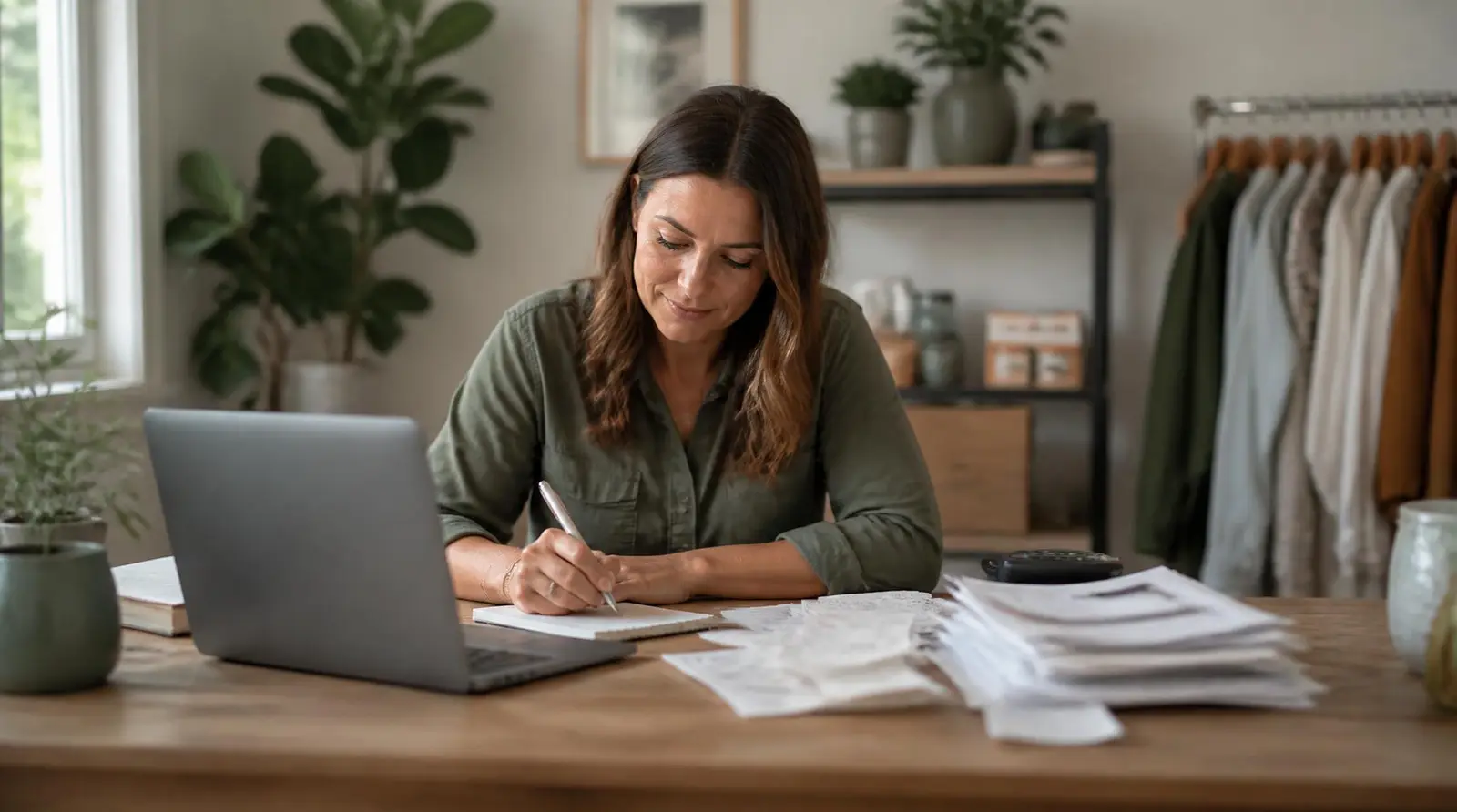 Small business owner at a desk with a laptop, writing a note beside a stack of receipts