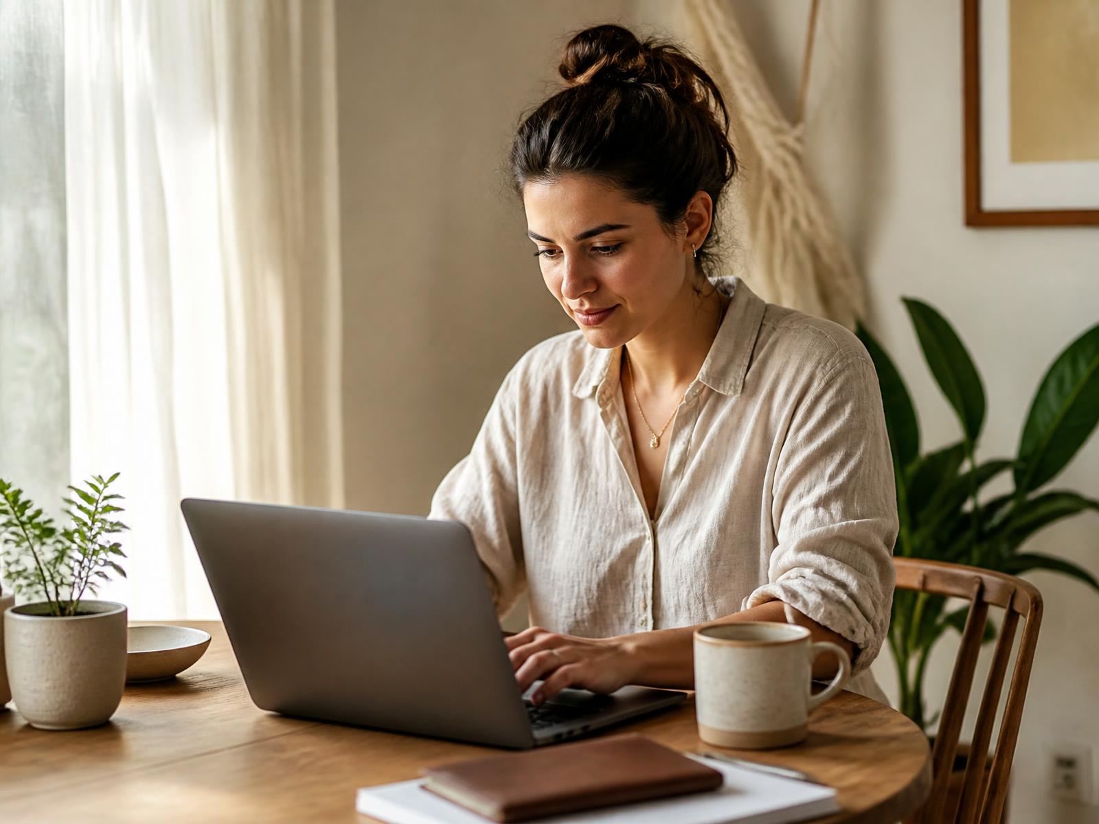 Founder writing to customers on a laptop in a bright home office