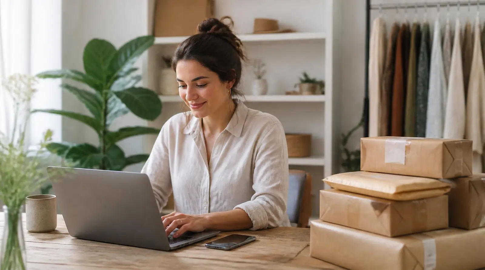 Business owner at a laptop beside a stack of packaged customer orders