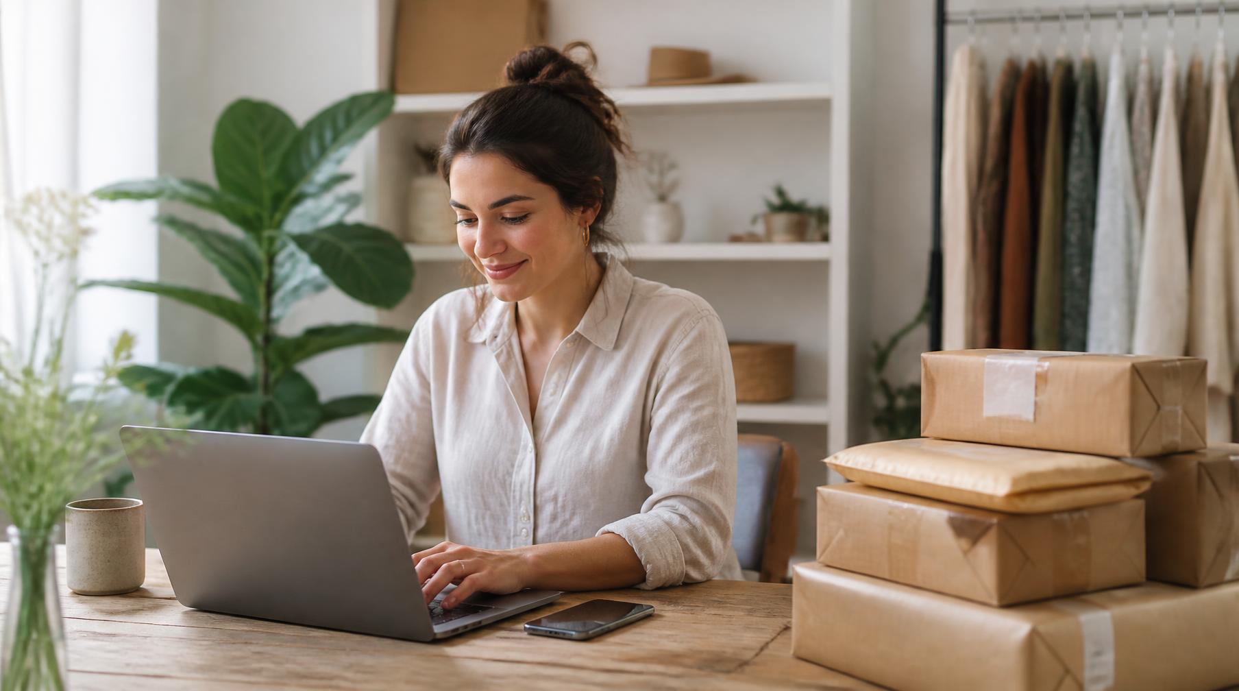 Business owner at a laptop beside a stack of packaged customer orders