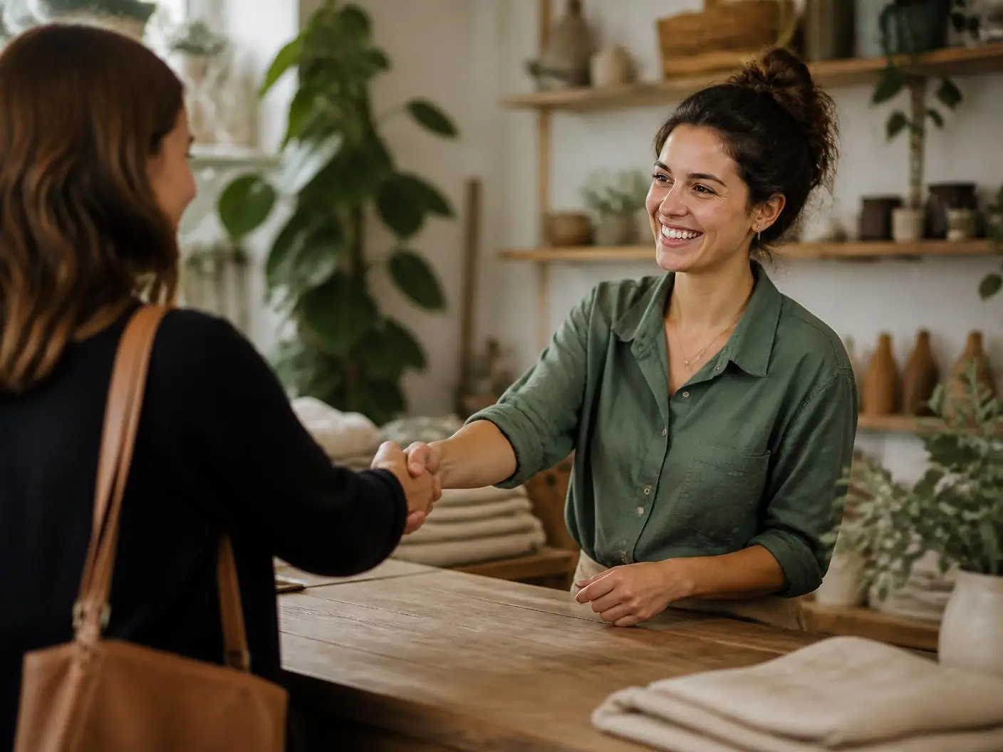 Business owner shaking hands with a client in a bright workspace