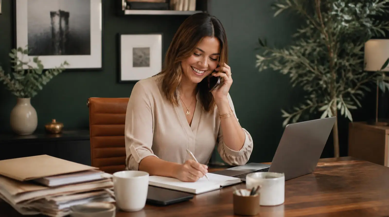 Business owner smiling during a phone call with a client at her desk