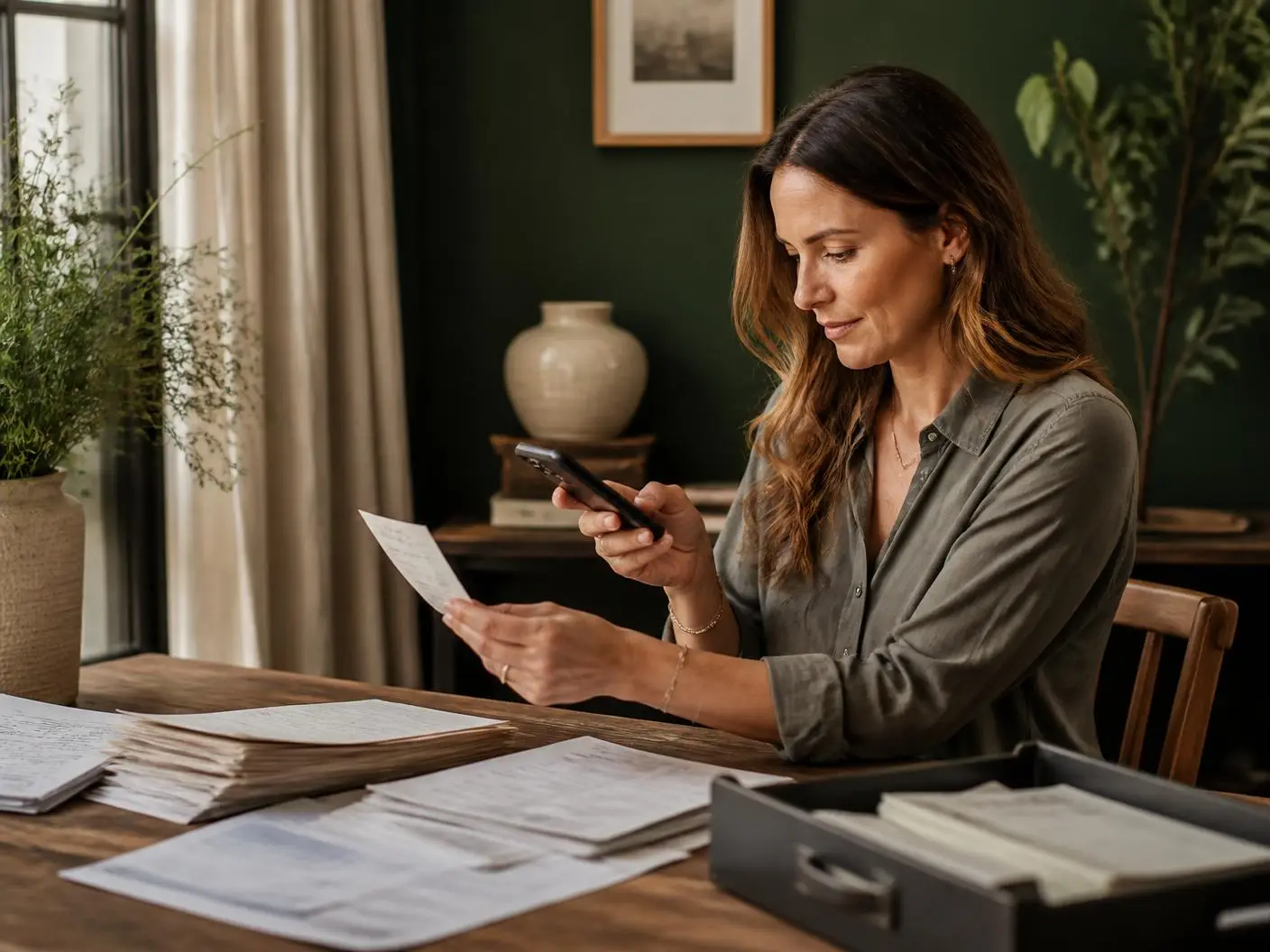 Business owner photographing a paper receipt with a phone at a workbench