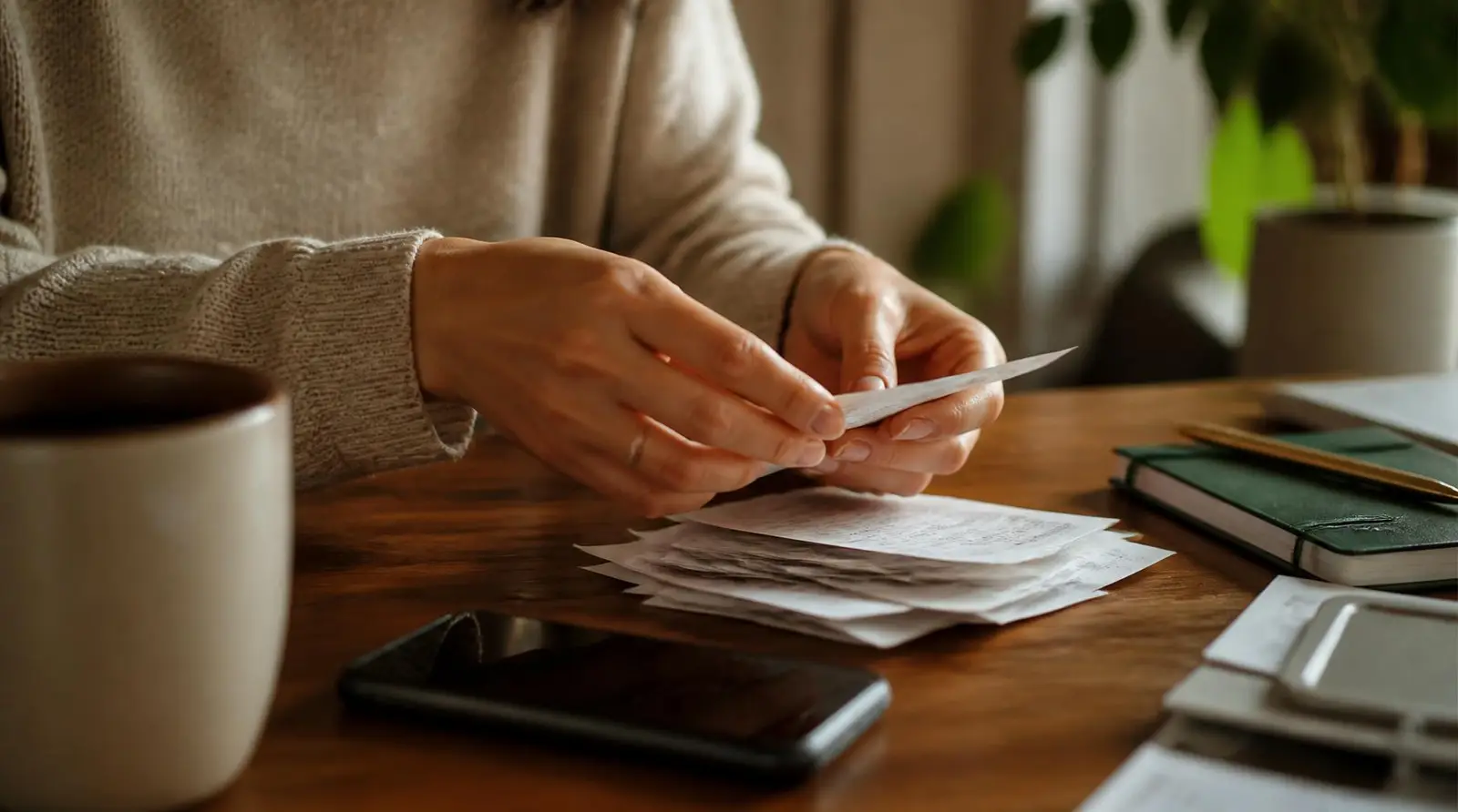 Hands sorting a pile of receipts and invoices into order on a wooden table
