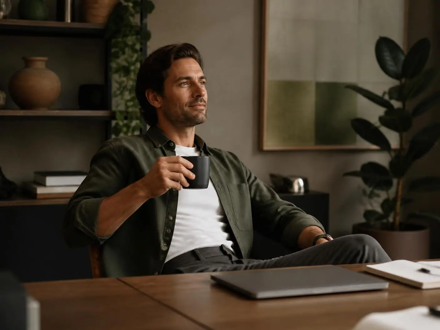 Relaxed business owner with a coffee while the day's admin is already handled