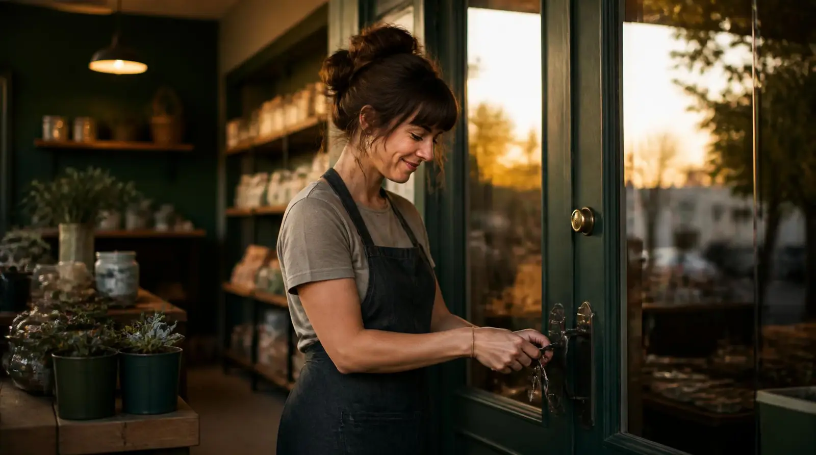 Shop owner locking up at the end of the day with the work already closed out