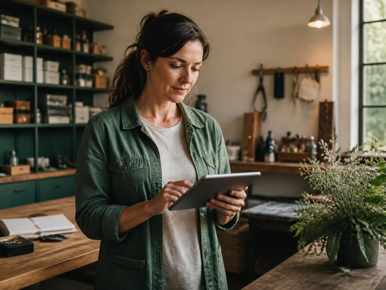 Business owner reviewing performance on a tablet in her workshop
