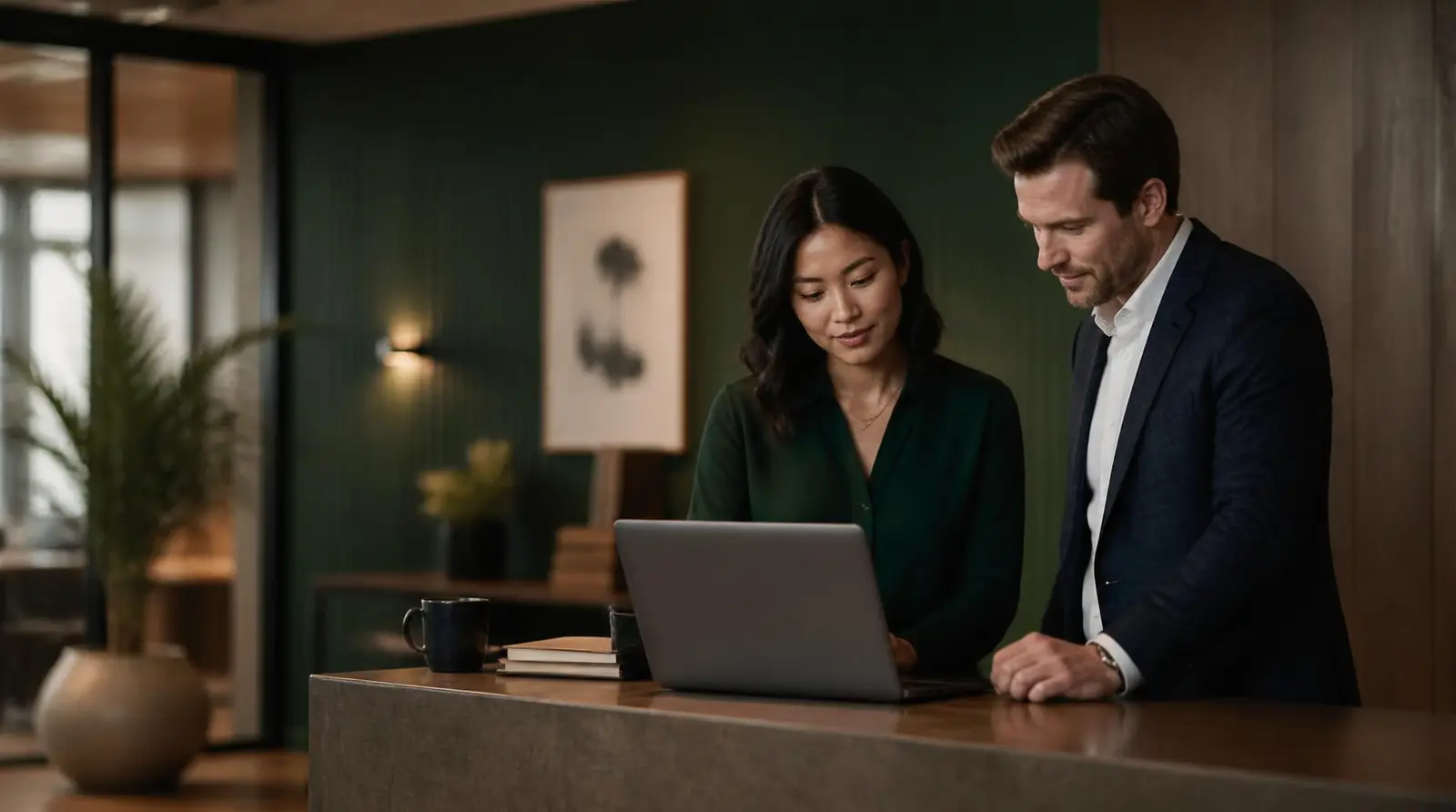 Two business partners standing at a counter reviewing results on a laptop
