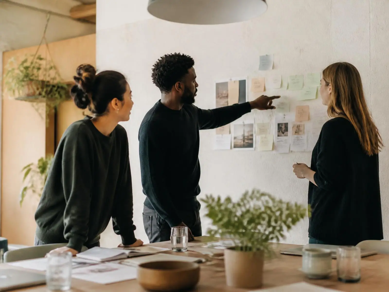 Three colleagues planning work around a table in front of a wall of notes
