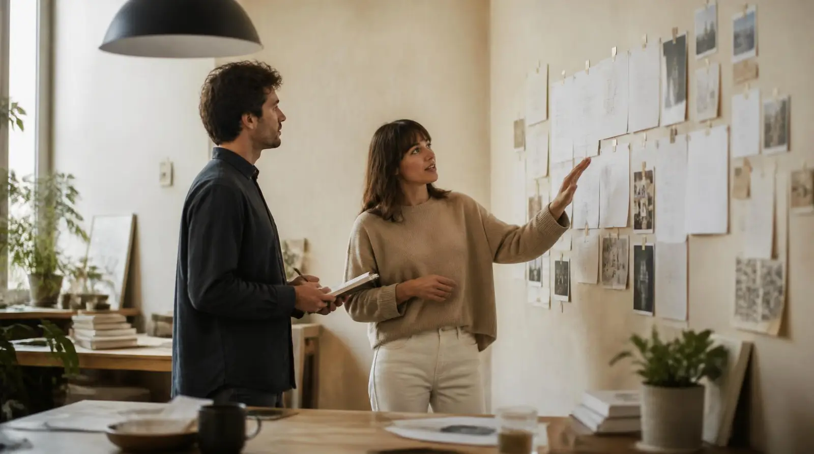 Two coworkers reviewing a project timeline pinned to a studio wall
