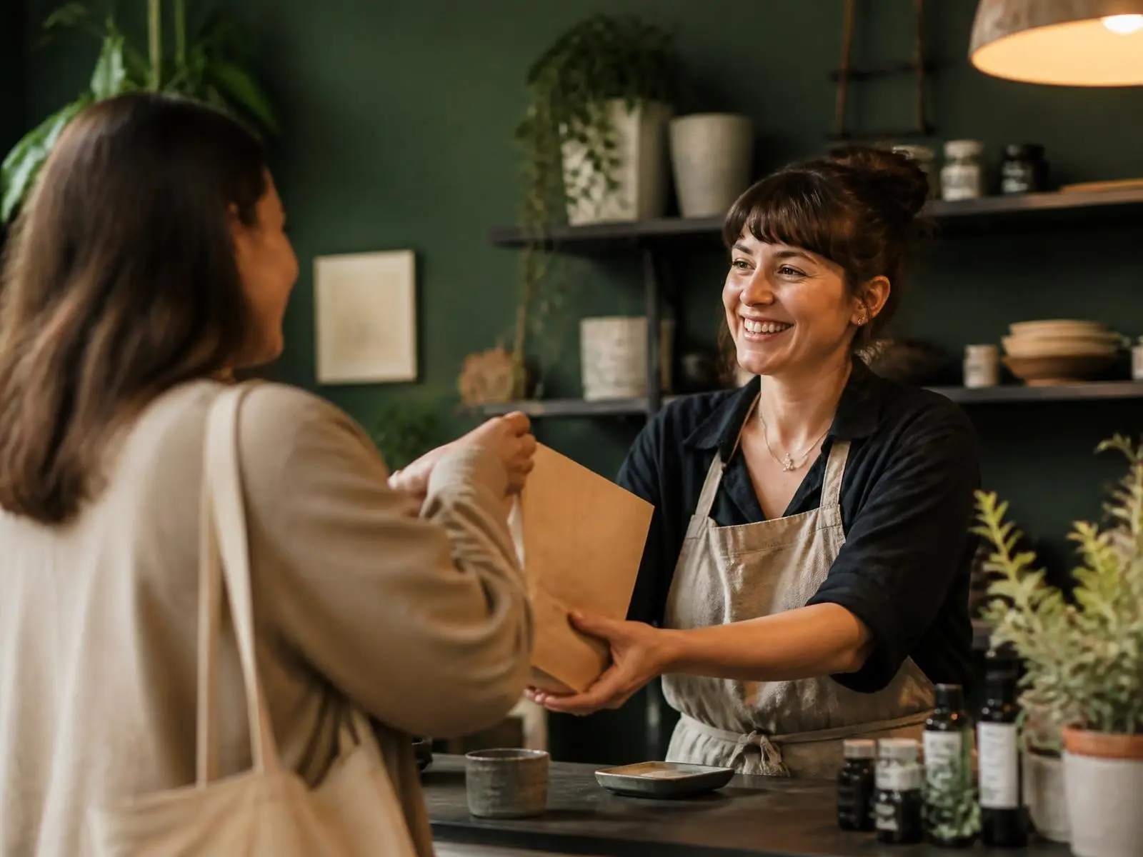 Shop owner handing a purchase to a happy customer across the counter