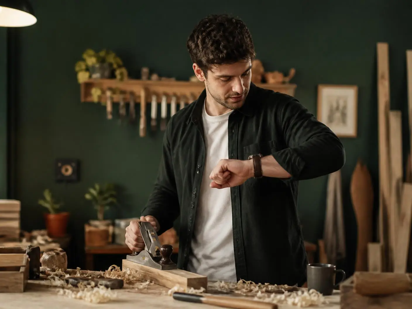 Craftsman checking the time in a workshop between jobs