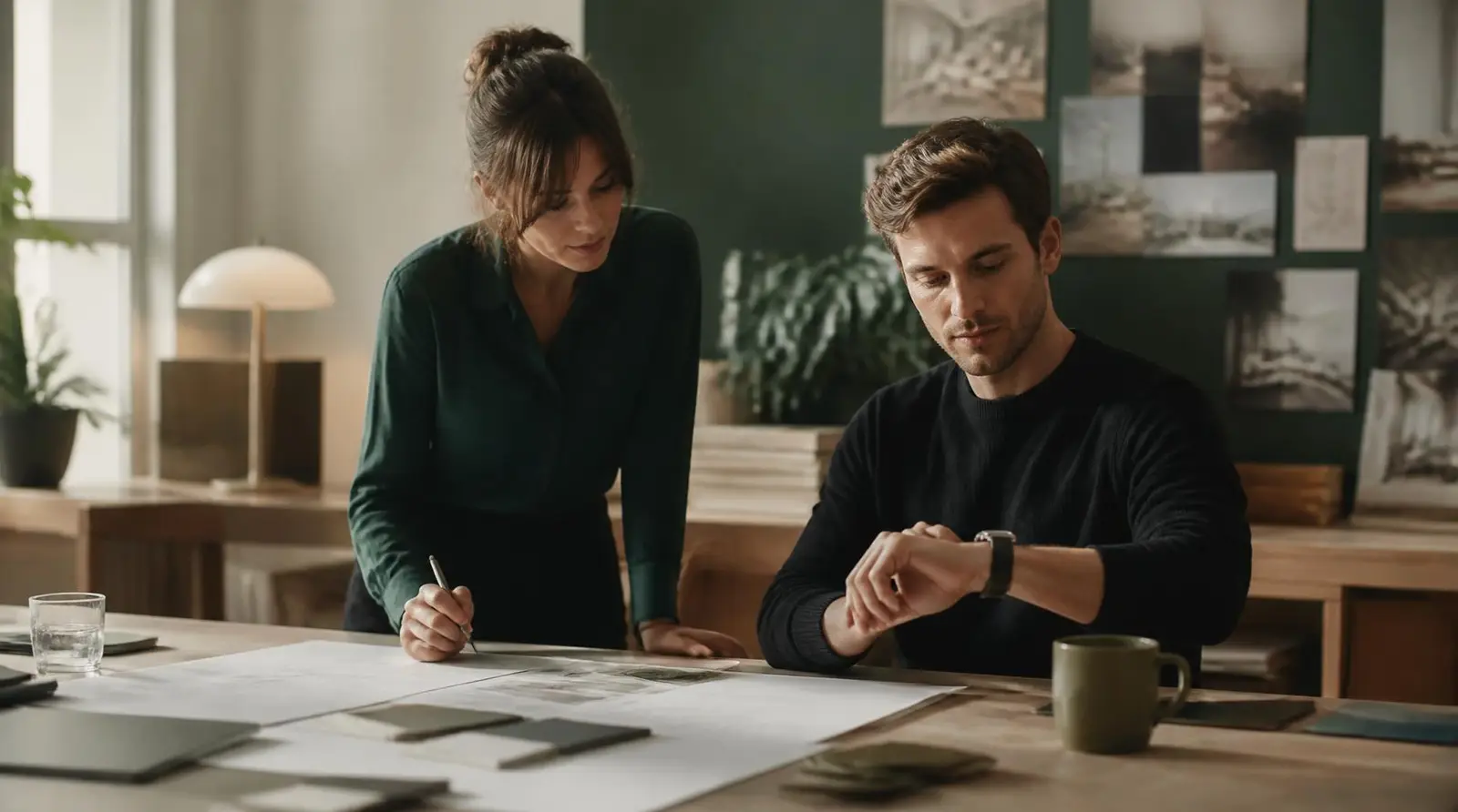 Two colleagues reviewing the week's work together at a table