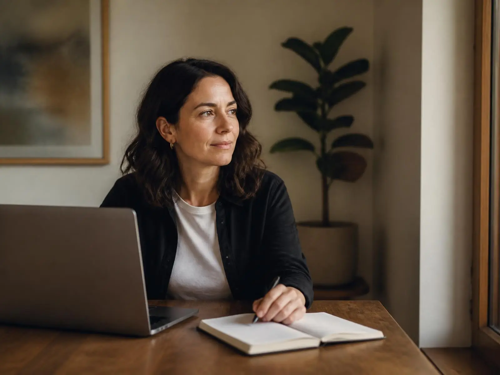 Business owner sitting at her desk with a laptop and notebook, thinking through the day's decisions