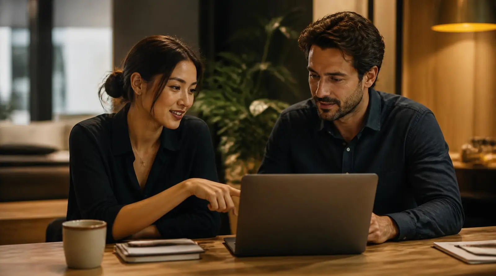 Two colleagues reviewing figures together on a laptop at a wooden table