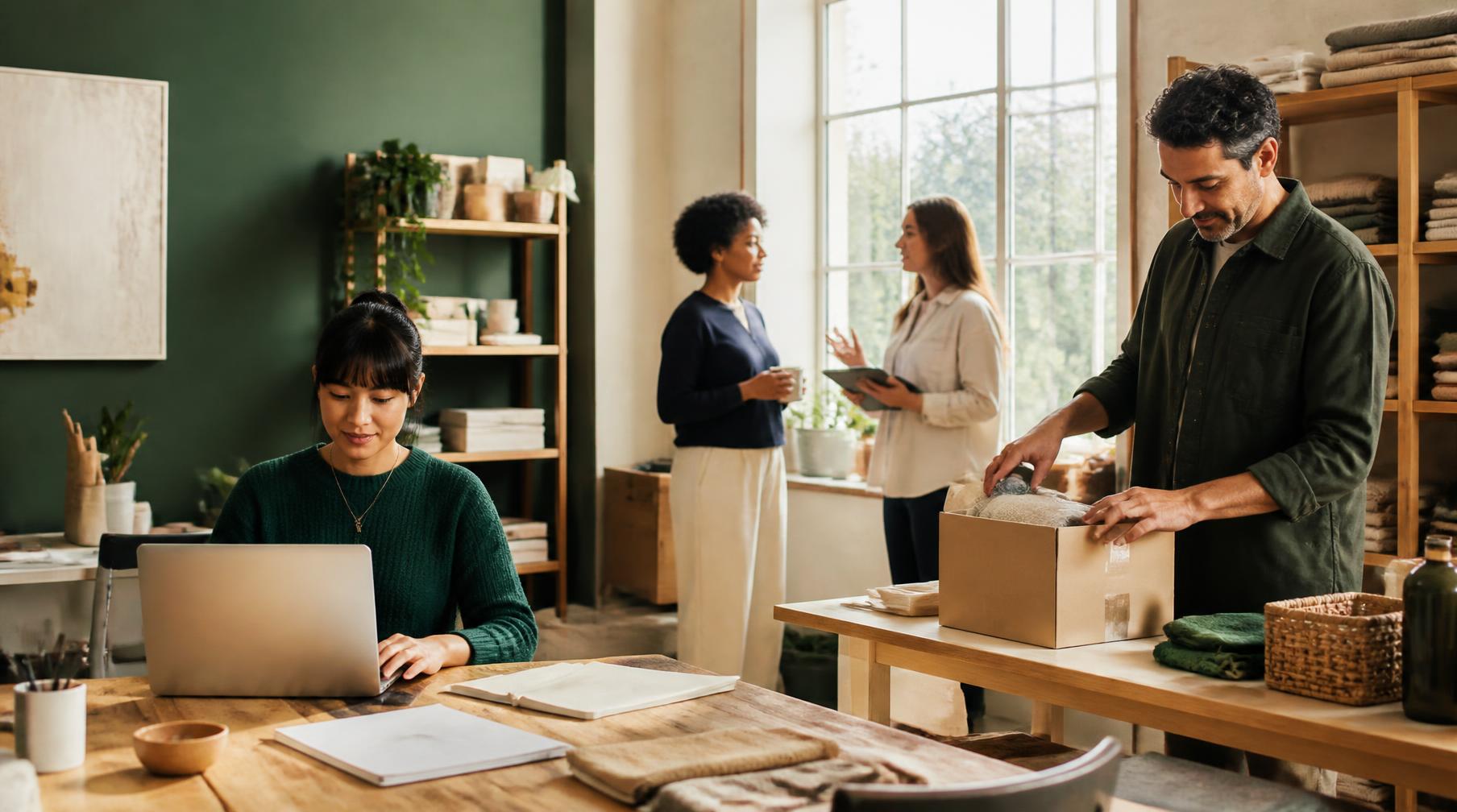 Four people running a small business together in a bright studio — one at a laptop, one packing an order, two talking by the window