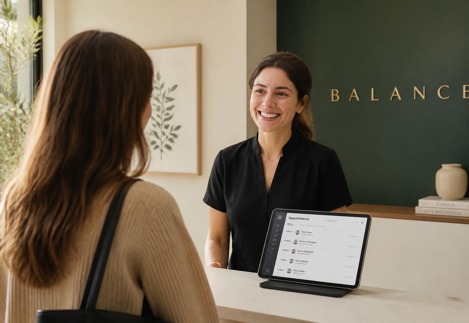 A clinic owner checking the day's confirmed appointments on a tablet at reception