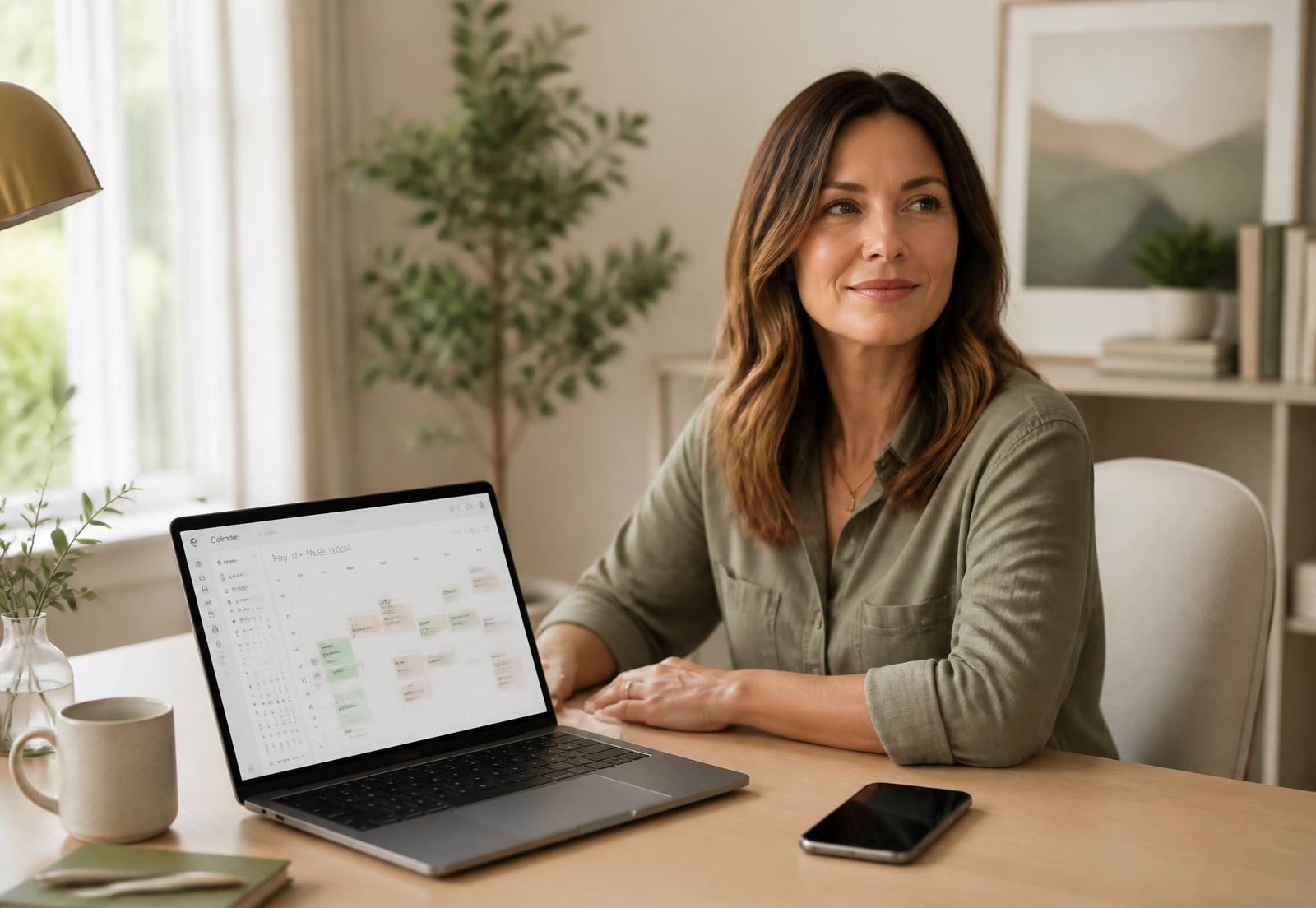 A consultant reviewing her week of client appointments on a laptop